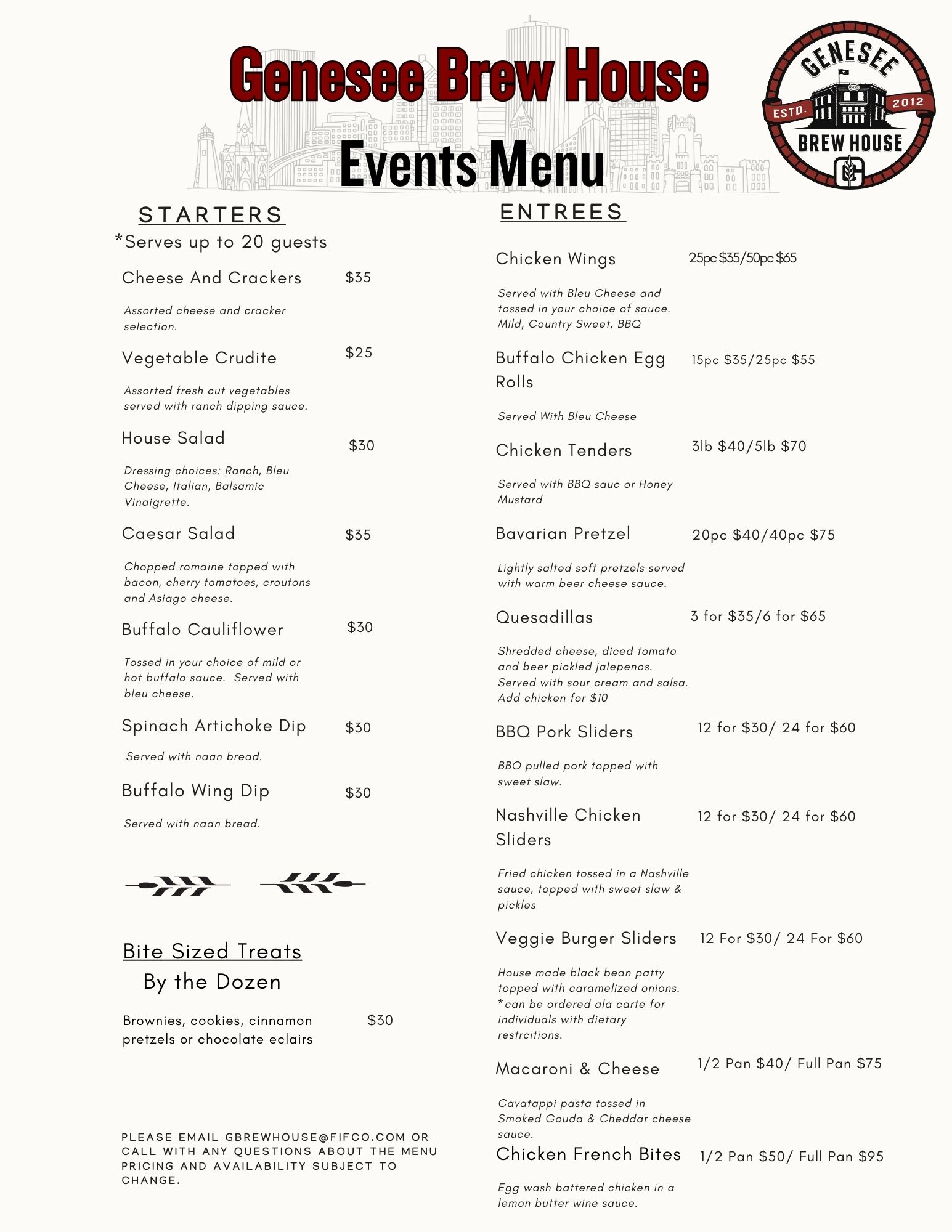 Private Events Menu